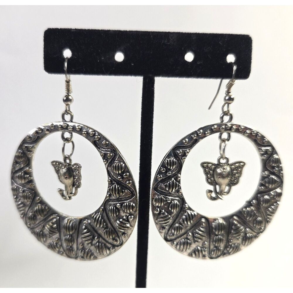 Elephant Hoop Silver Tone Earrings